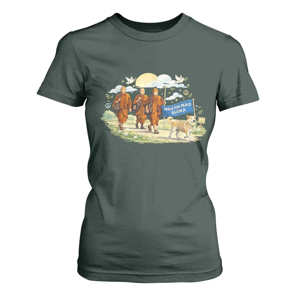 Walk for Peace Monks with Aloka the Dog T Shirt For Women Spiritual Pilgrimage Buddhist Inspired TS02 Dark Forest Green Print Your Wear