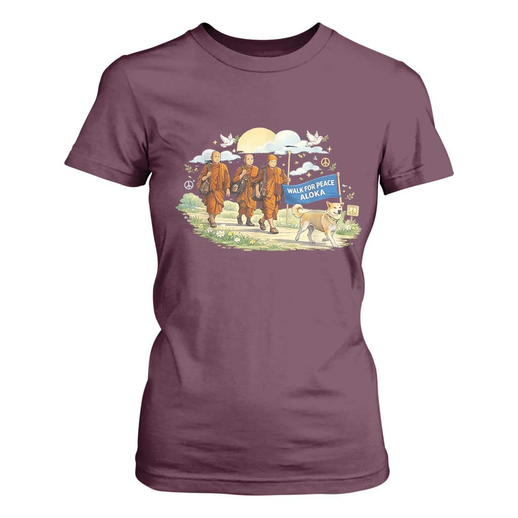 Walk for Peace Monks with Aloka the Dog T Shirt For Women Spiritual Pilgrimage Buddhist Inspired TS02 Maroon Print Your Wear