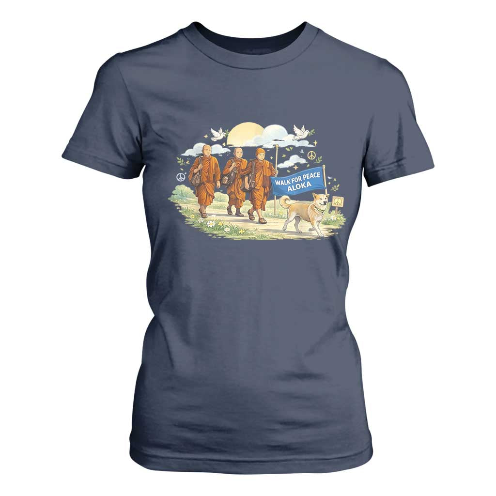 Walk for Peace Monks with Aloka the Dog T Shirt For Women Spiritual Pilgrimage Buddhist Inspired TS02 Navy Print Your Wear