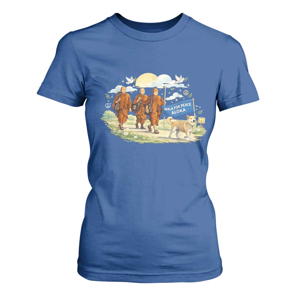 Walk for Peace Monks with Aloka the Dog T Shirt For Women Spiritual Pilgrimage Buddhist Inspired TS02 Royal Blue Print Your Wear