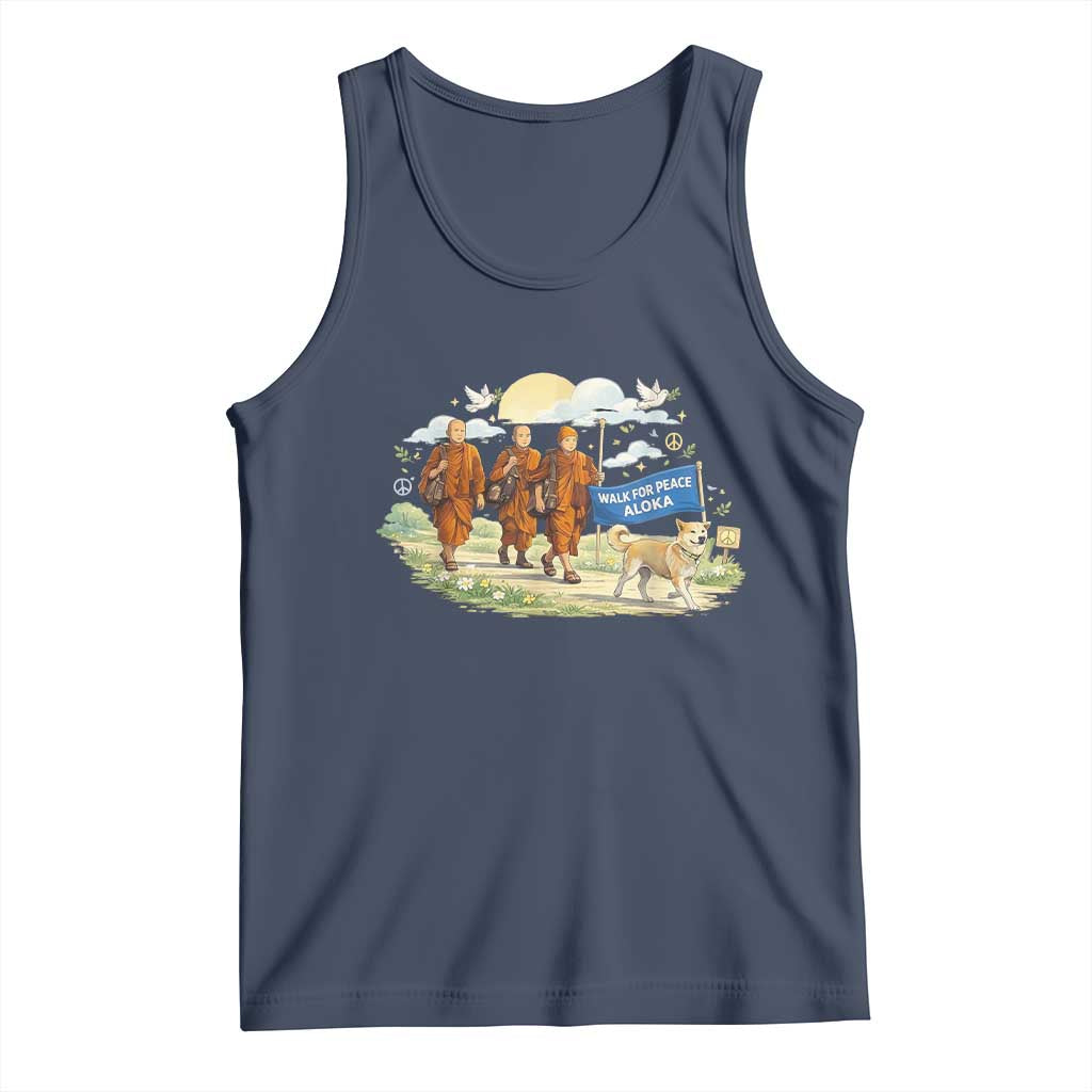 Walk for Peace Monks with Aloka the Dog Tank Top Spiritual Pilgrimage Buddhist Inspired TS02 Navy Print Your Wear