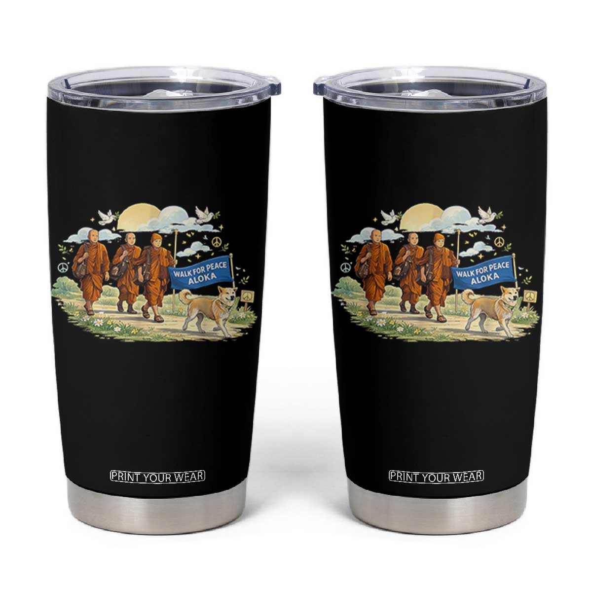 Walk for Peace Monks with Aloka the Dog Tumbler Cup Spiritual Pilgrimage Buddhist Inspired TS02 Black Print Your Wear