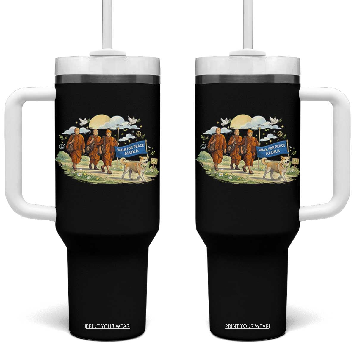 Walk for Peace Monks with Aloka the Dog Tumbler With Handle Spiritual Pilgrimage Buddhist Inspired - Print Your Wear