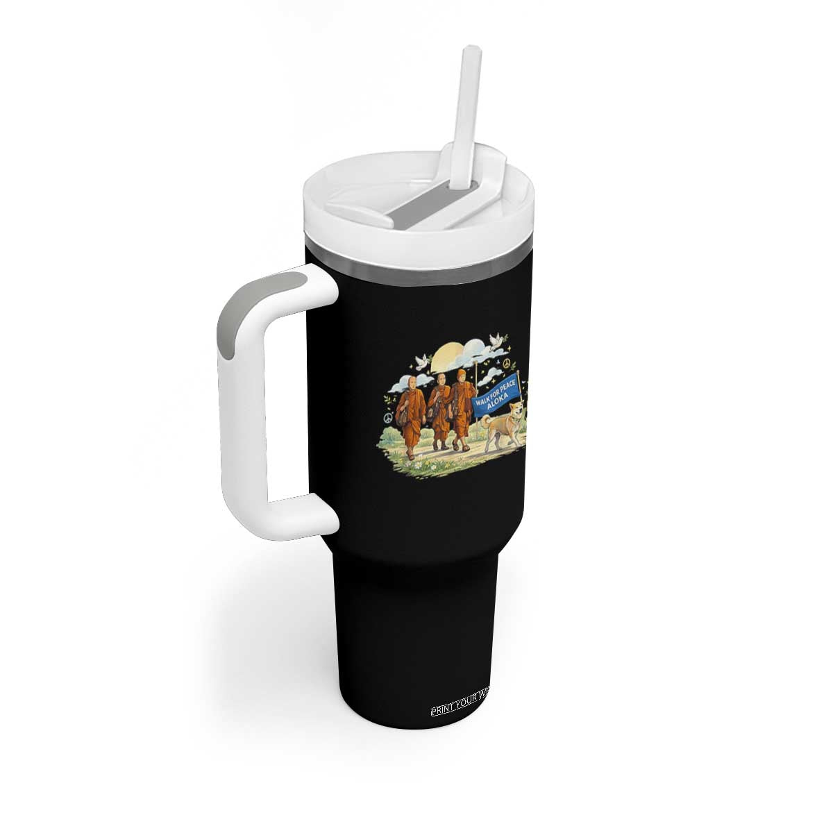 Walk for Peace Monks with Aloka the Dog Tumbler With Handle Spiritual Pilgrimage Buddhist Inspired TS02 Print Your Wear