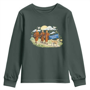 Walk for Peace Monks with Aloka the Dog Youth Sweatshirt Spiritual Pilgrimage Buddhist Inspired TS02 Dark Forest Green Print Your Wear