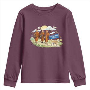 Walk for Peace Monks with Aloka the Dog Youth Sweatshirt Spiritual Pilgrimage Buddhist Inspired TS02 Maroon Print Your Wear