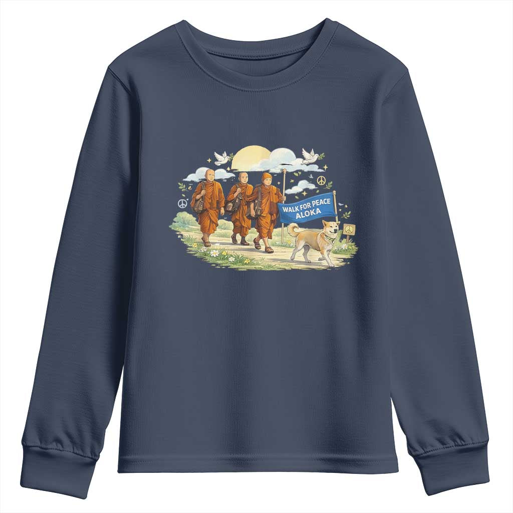 Walk for Peace Monks with Aloka the Dog Youth Sweatshirt Spiritual Pilgrimage Buddhist Inspired TS02 Navy Print Your Wear