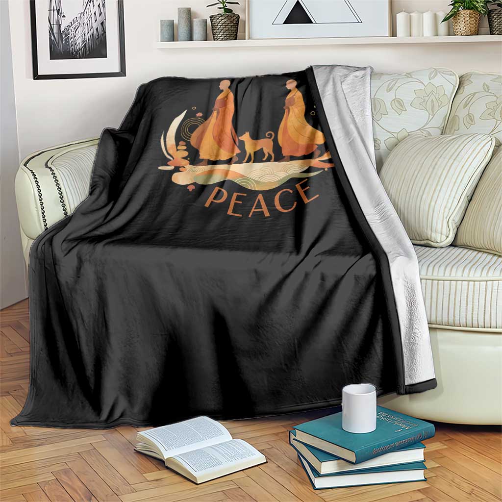 Peaceful Monks Walk with Aloka the Dog Throw Blanket Zen Art Buddhism Harmony TS02 Print Your Wear