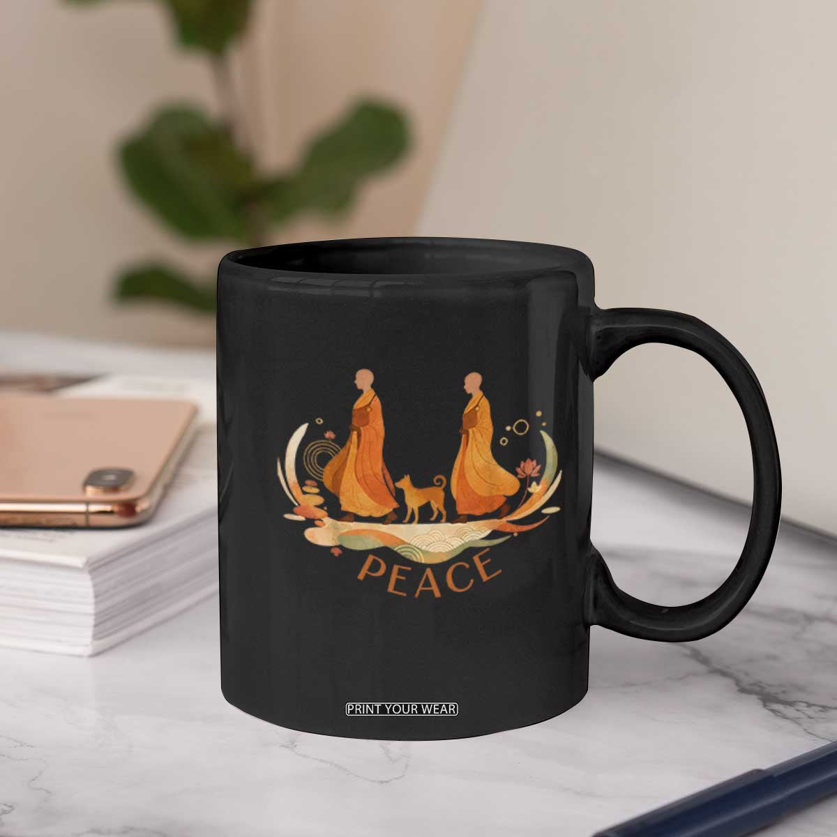 Peaceful Monks Walk with Aloka the Dog Coffee Mug Zen Art Buddhism Harmony TS02 Print Your Wear