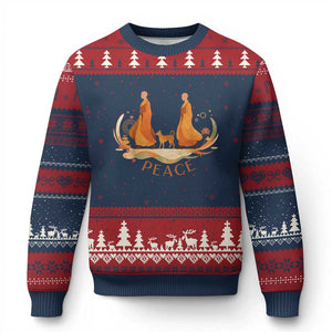 Peaceful Monks Walk with Aloka the Dog Ugly Christmas Sweater Zen Art Buddhism Harmony TS02 Navy Red Print Your Wear