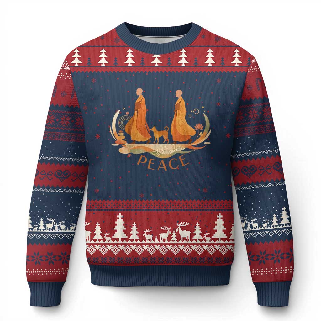 Peaceful Monks Walk with Aloka the Dog Ugly Christmas Sweater Zen Art Buddhism Harmony TS02 Navy Red Print Your Wear