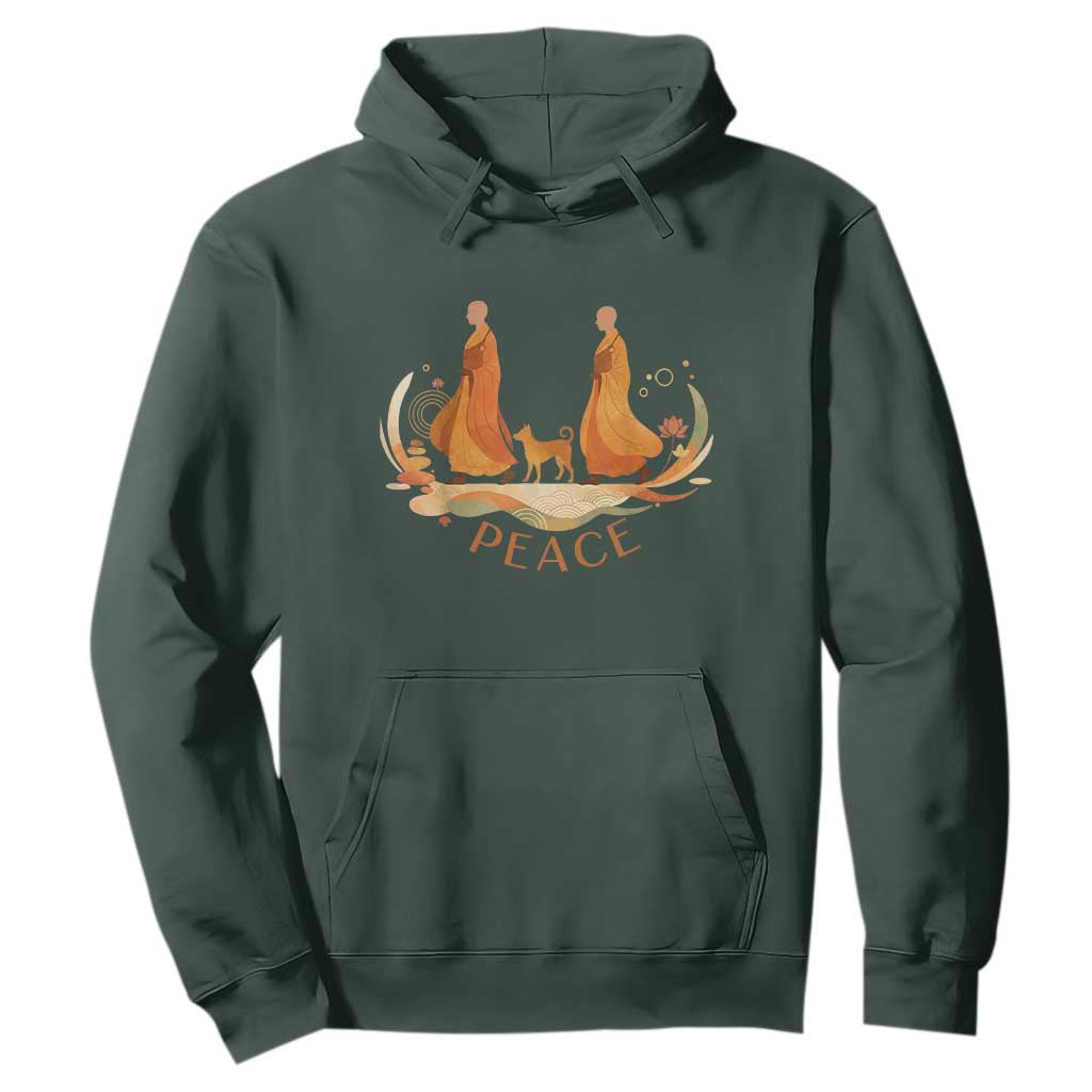 Peaceful Monks Walk with Aloka the Dog Hoodie Zen Art Buddhism Harmony TS02 Dark Forest Green Print Your Wear