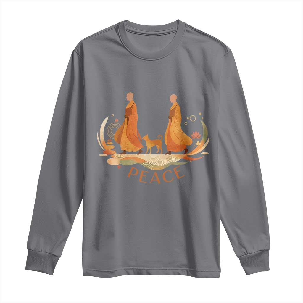 Peaceful Monks Walk with Aloka the Dog Long Sleeve Shirt Zen Art Buddhism Harmony TS02 Charcoal Print Your Wear