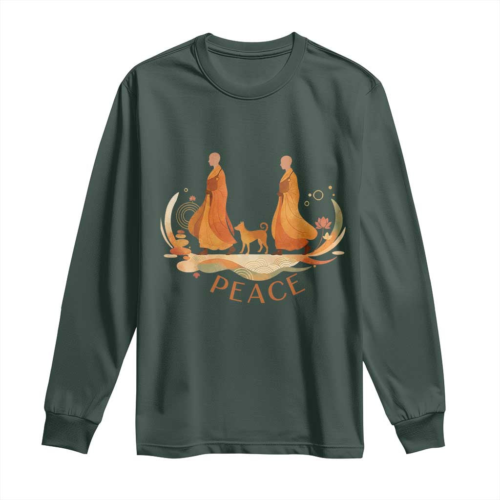 Peaceful Monks Walk with Aloka the Dog Long Sleeve Shirt Zen Art Buddhism Harmony TS02 Dark Forest Green Print Your Wear