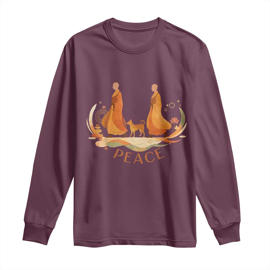 Peaceful Monks Walk with Aloka the Dog Long Sleeve Shirt Zen Art Buddhism Harmony TS02 Maroon Print Your Wear
