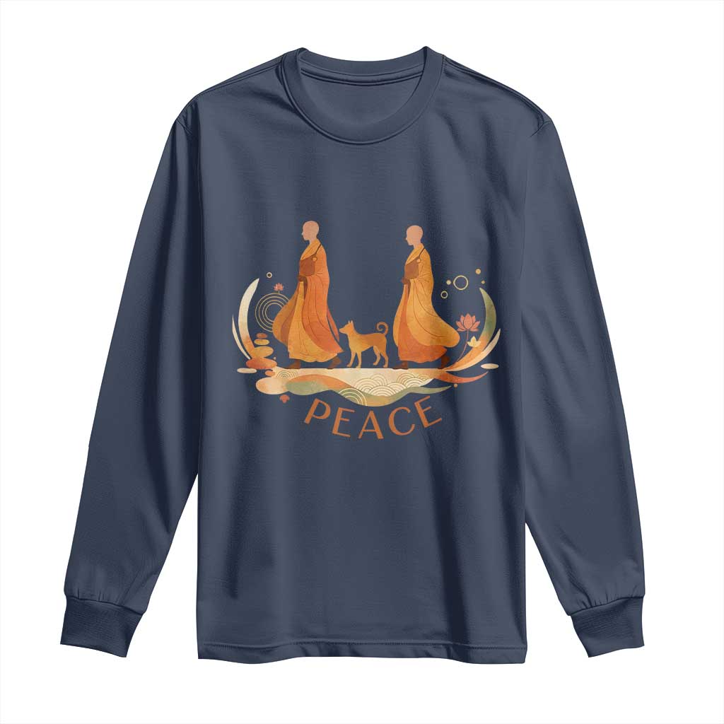 Peaceful Monks Walk with Aloka the Dog Long Sleeve Shirt Zen Art Buddhism Harmony TS02 Navy Print Your Wear