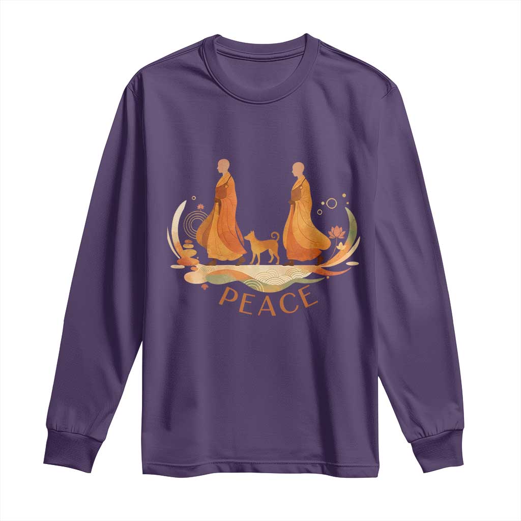 Peaceful Monks Walk with Aloka the Dog Long Sleeve Shirt Zen Art Buddhism Harmony TS02 Purple Print Your Wear