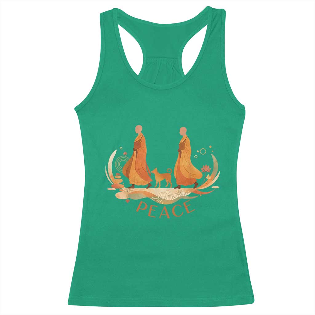 Peaceful Monks Walk with Aloka the Dog Racerback Tank Top Zen Art Buddhism Harmony TS02 Irish Green Print Your Wear