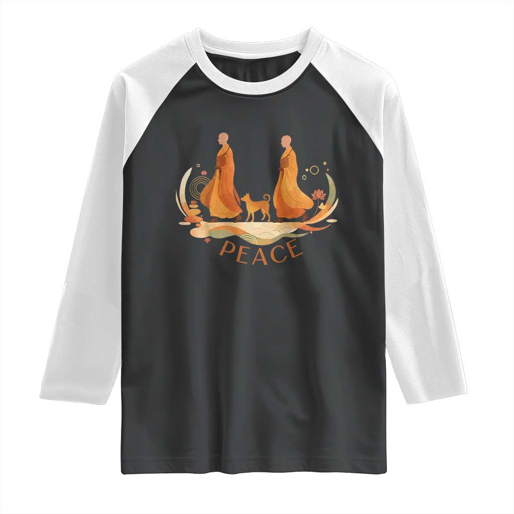 Peaceful Monks Walk with Aloka the Dog Raglan Shirt Zen Art Buddhism Harmony TS02 Black White Print Your Wear