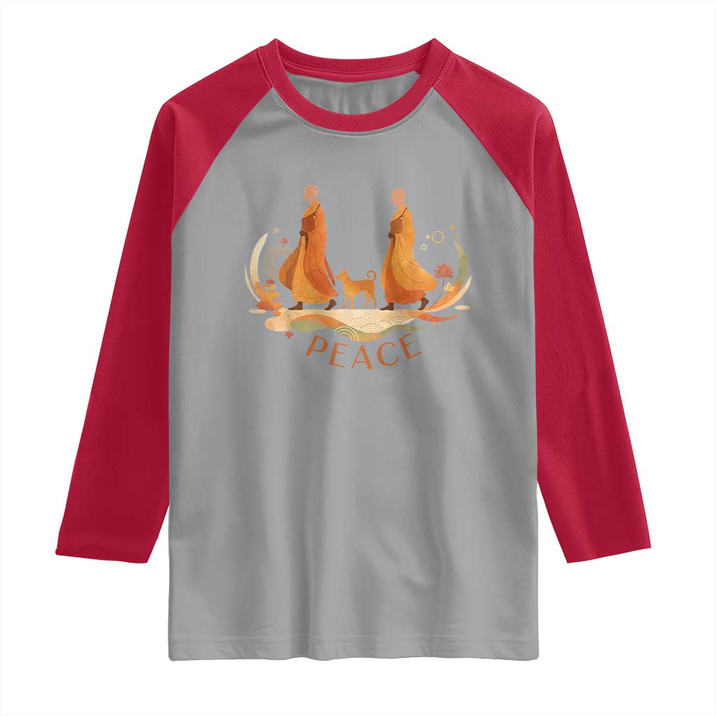 Peaceful Monks Walk with Aloka the Dog Raglan Shirt Zen Art Buddhism Harmony TS02 Sport Gray Red Print Your Wear