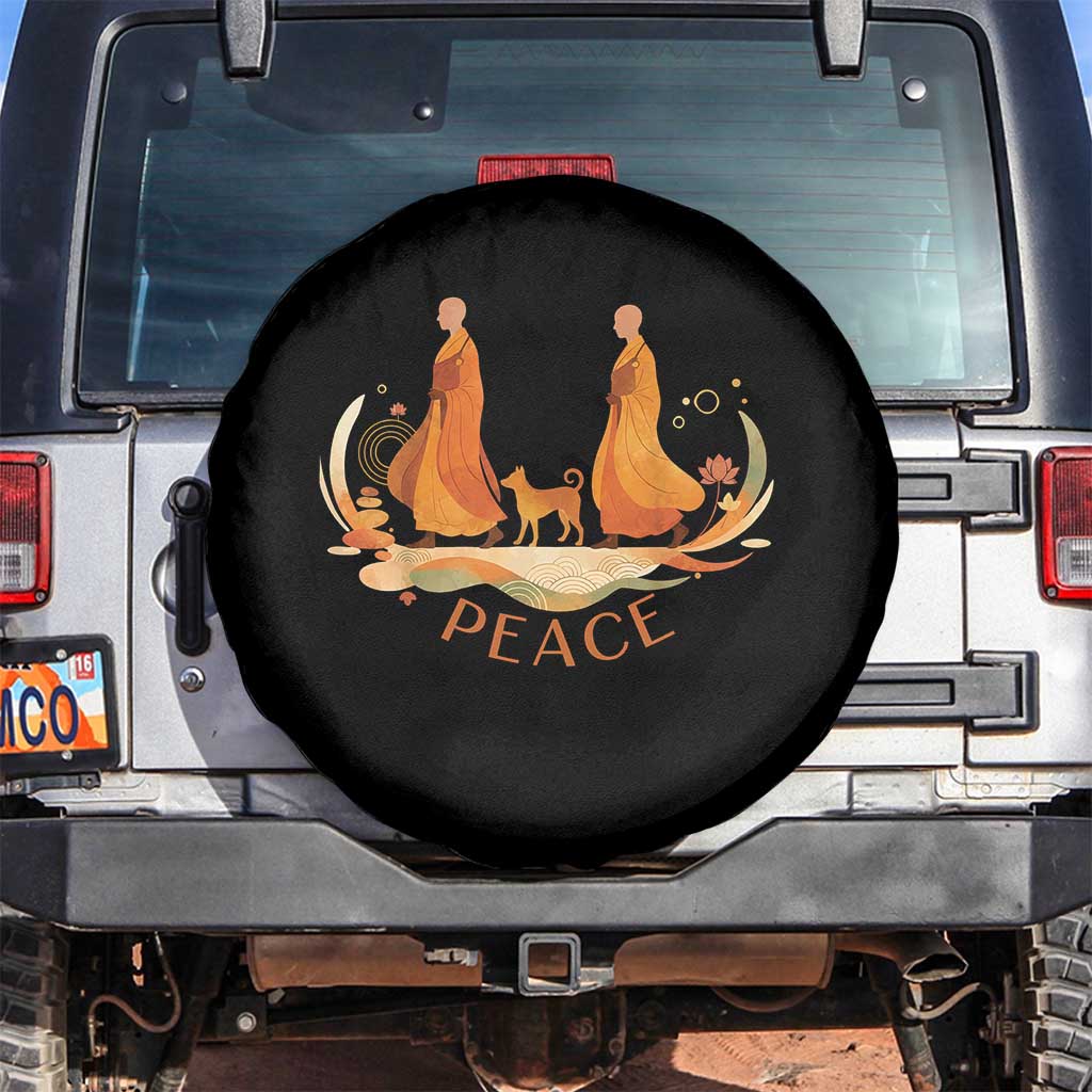 Peaceful Monks Walk with Aloka the Dog Spare Tire Cover Zen Art Buddhism Harmony TS02 No hole Black Print Your Wear