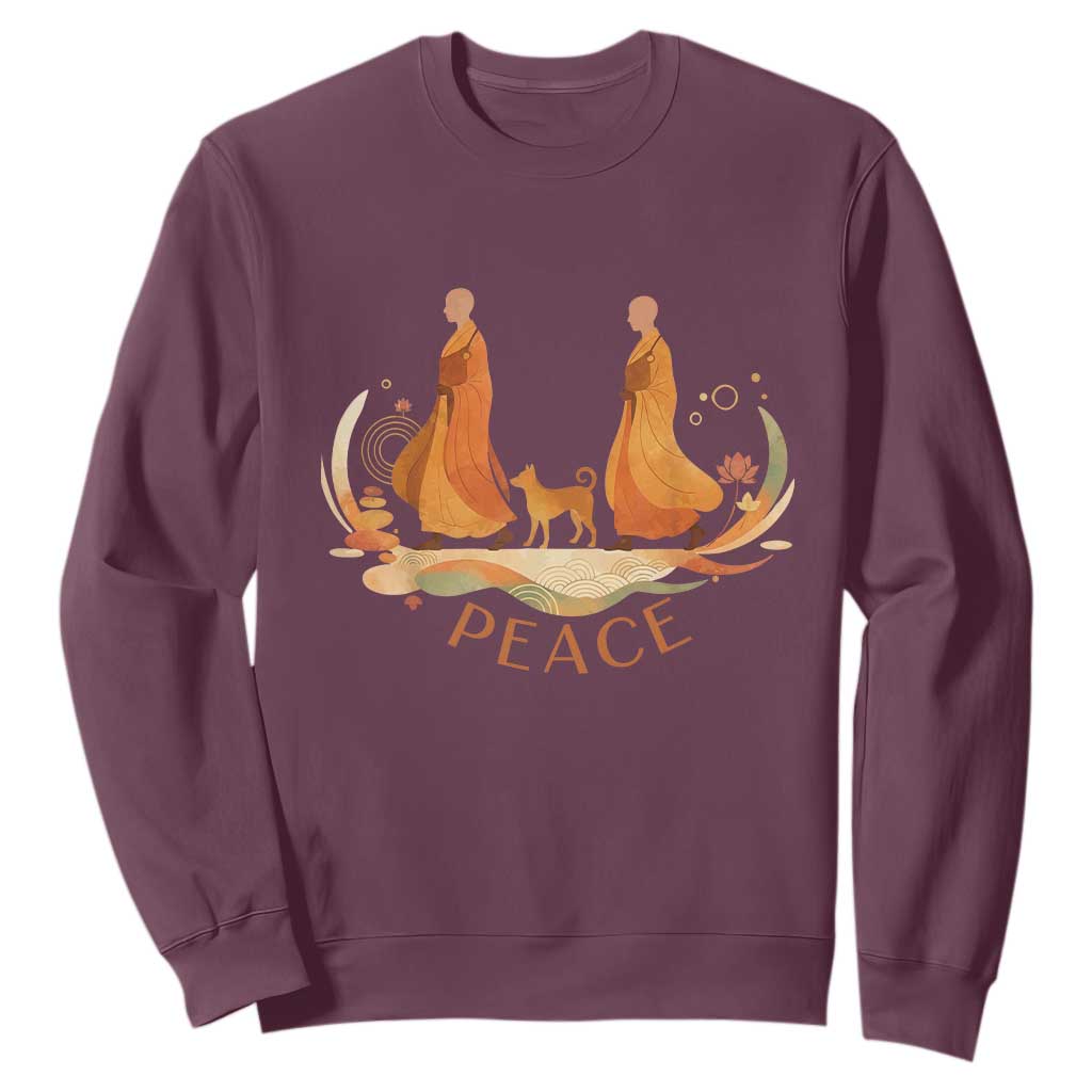 Peaceful Monks Walk with Aloka the Dog Sweatshirt Zen Art Buddhism Harmony TS02 Maroon Print Your Wear