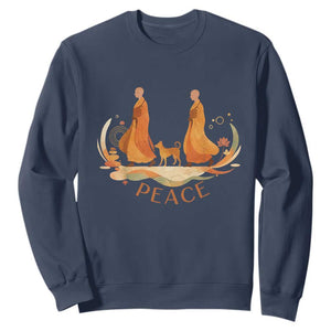 Peaceful Monks Walk with Aloka the Dog Sweatshirt Zen Art Buddhism Harmony TS02 Navy Print Your Wear