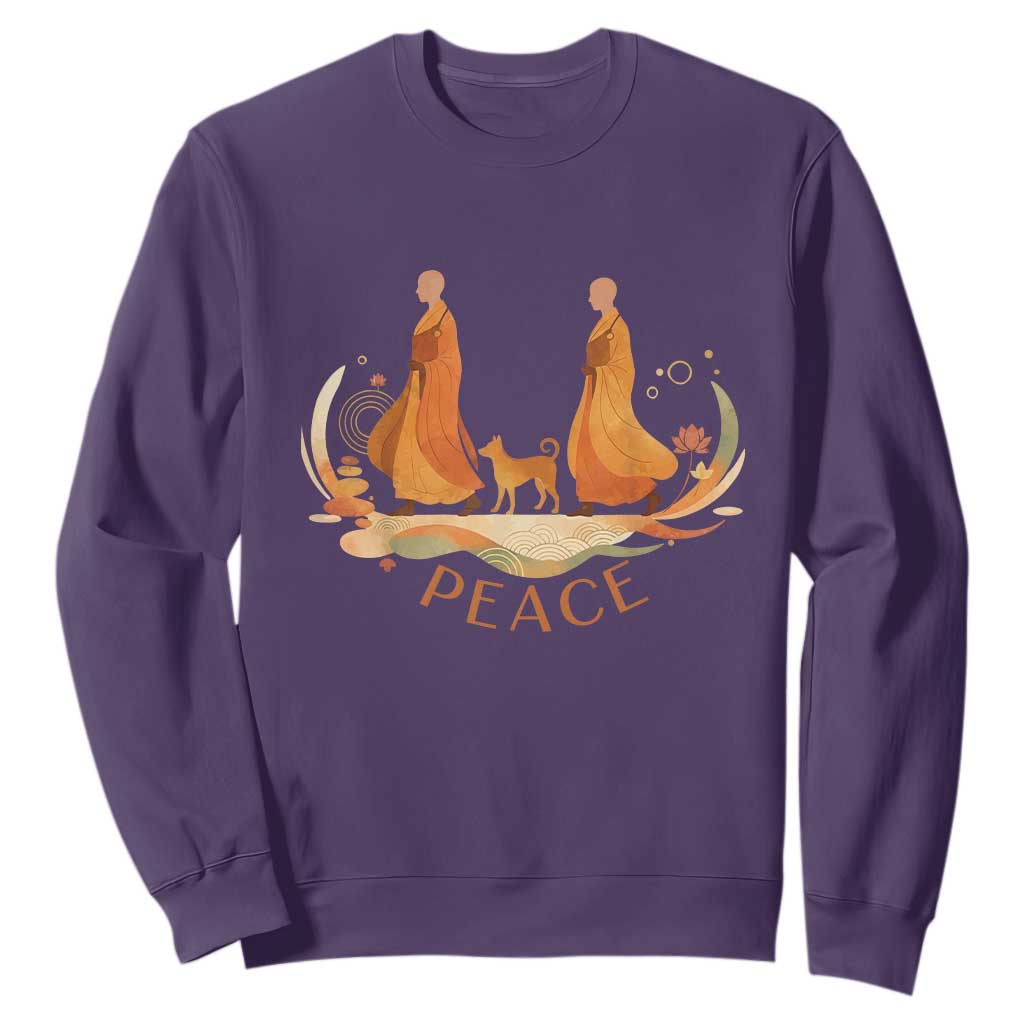 Peaceful Monks Walk with Aloka the Dog Sweatshirt Zen Art Buddhism Harmony TS02 Purple Print Your Wear