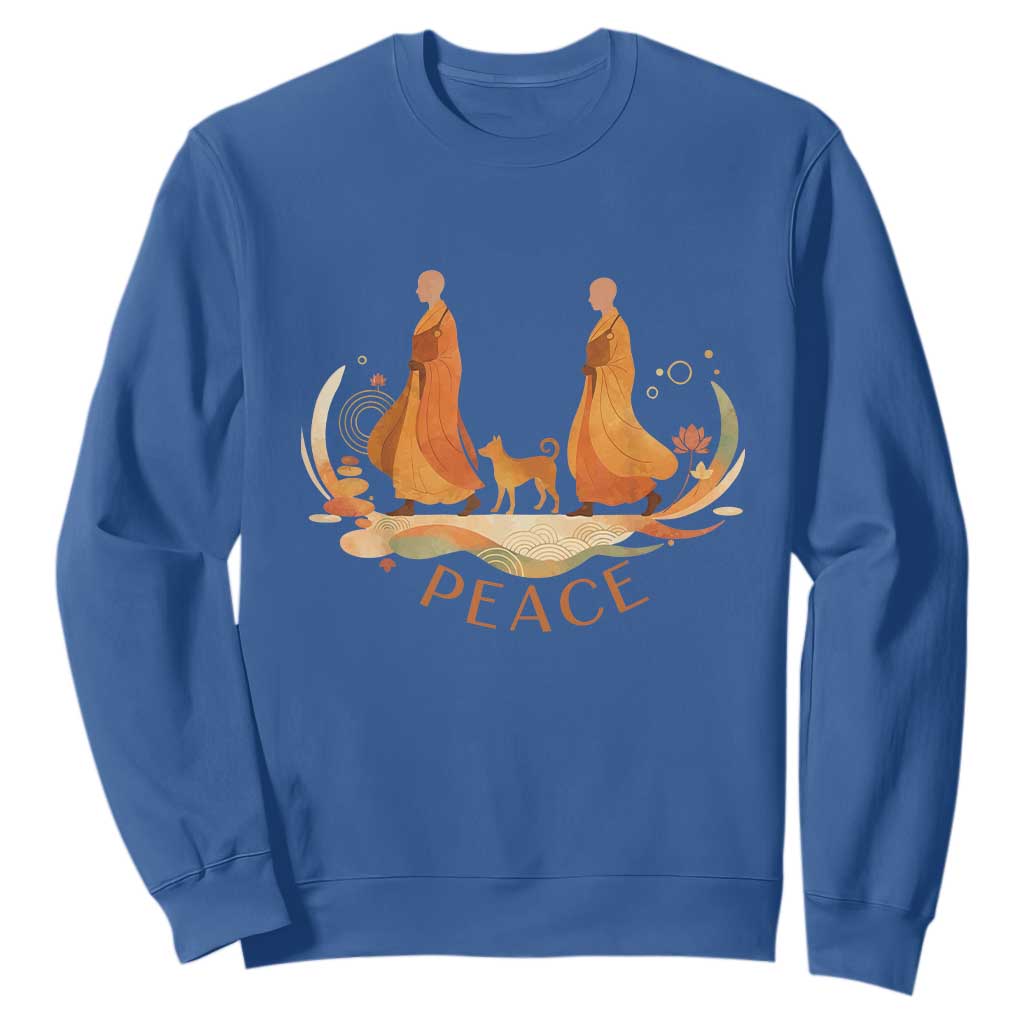 Peaceful Monks Walk with Aloka the Dog Sweatshirt Zen Art Buddhism Harmony TS02 Royal Blue Print Your Wear