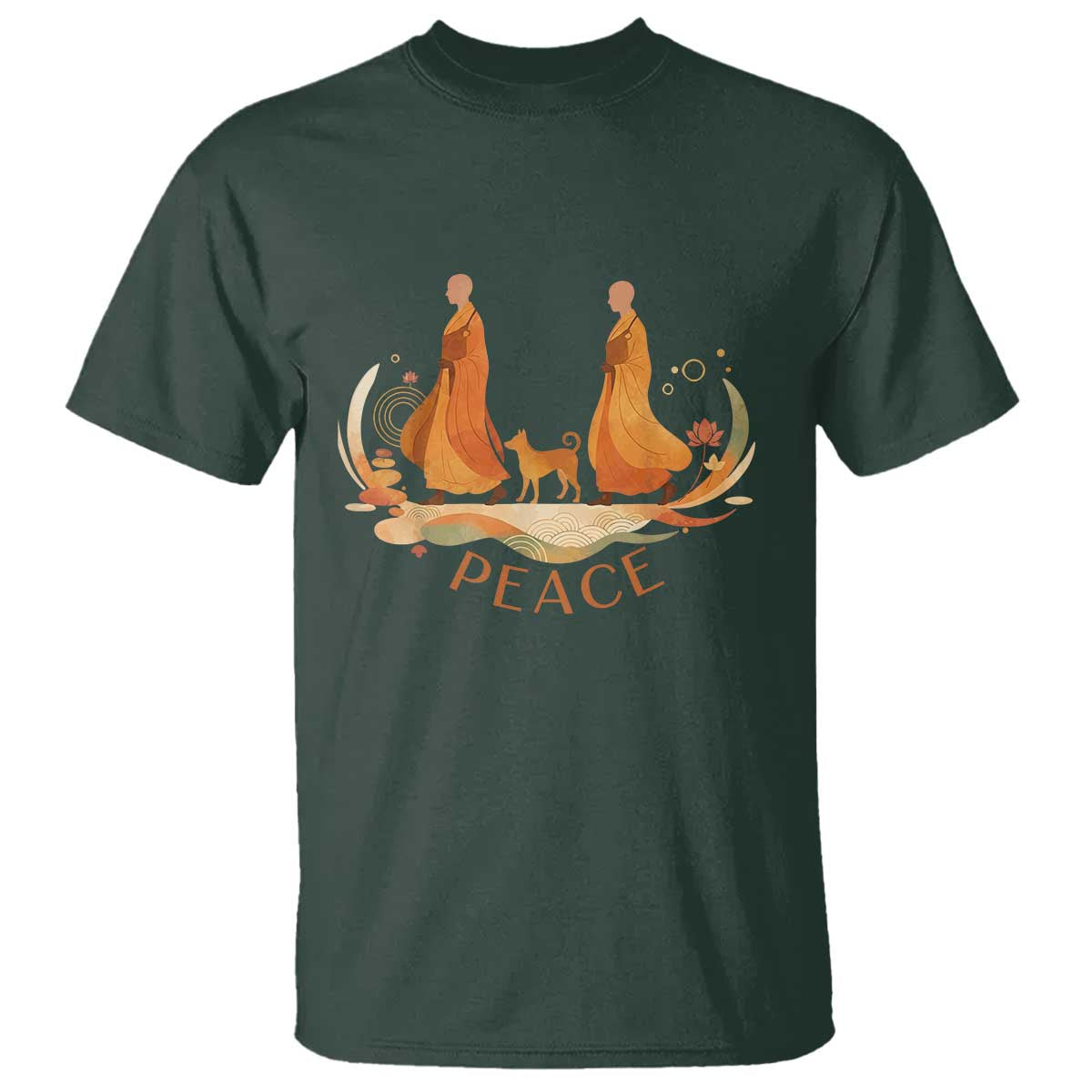 Peaceful Monks Walk with Aloka the Dog T Shirt Zen Art Buddhism Harmony TS02 Dark Forest Green Print Your Wear