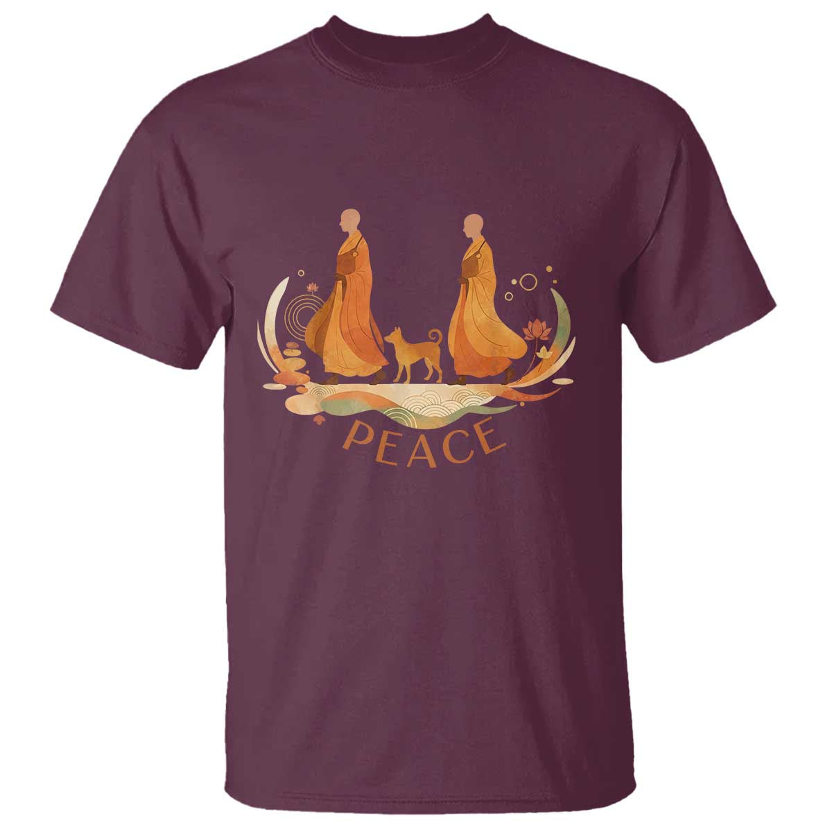 Peaceful Monks Walk with Aloka the Dog T Shirt Zen Art Buddhism Harmony TS02 Maroon Print Your Wear