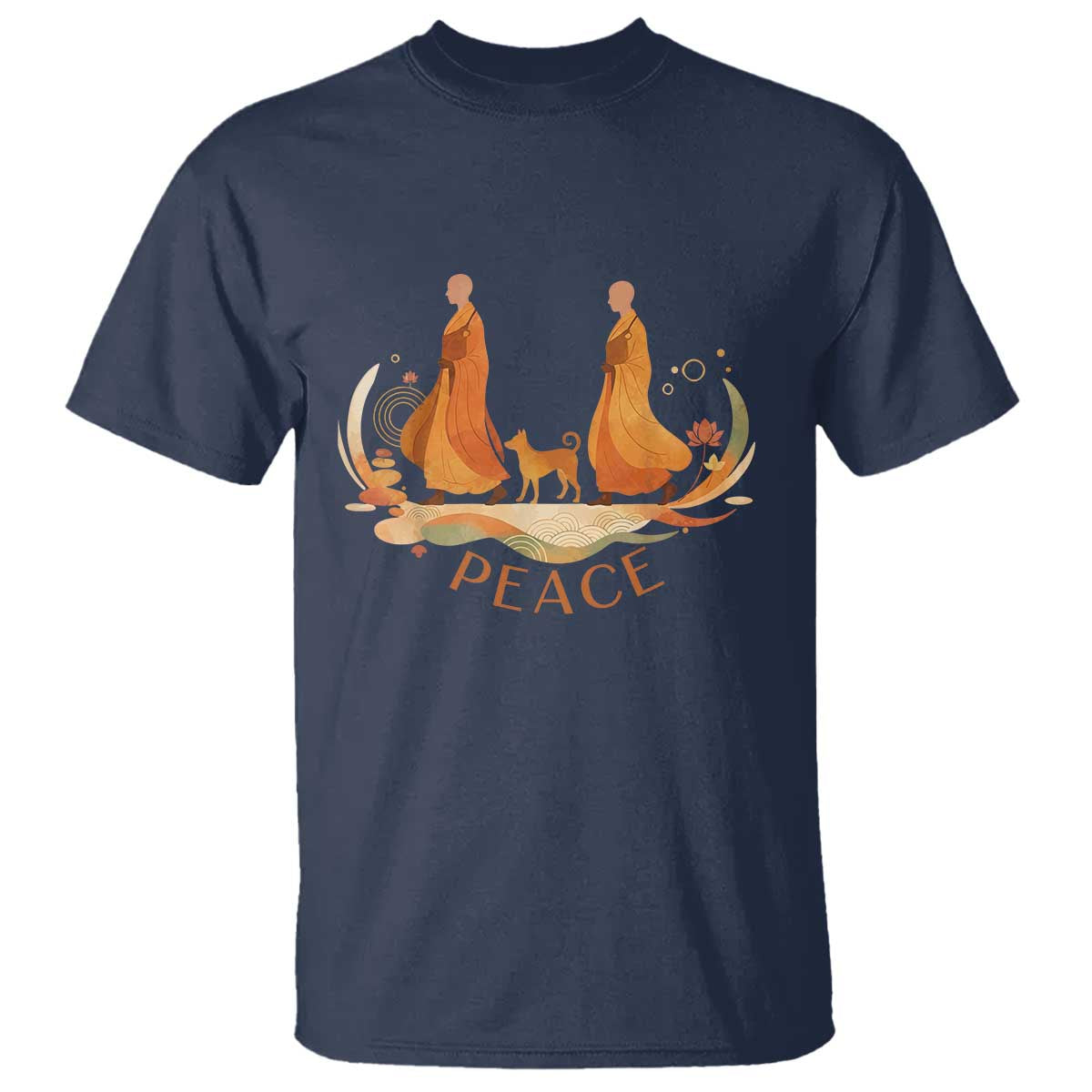 Peaceful Monks Walk with Aloka the Dog T Shirt Zen Art Buddhism Harmony TS02 Navy Print Your Wear