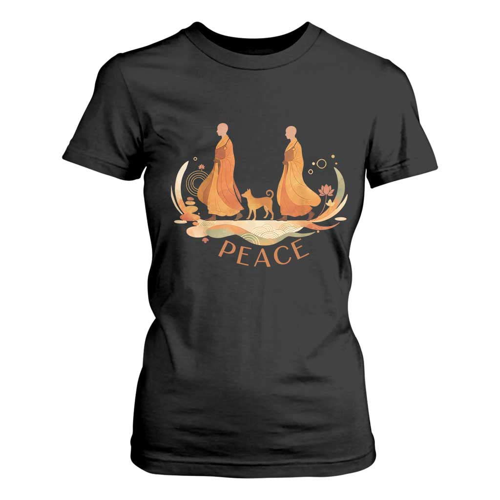 Peaceful Monks Walk with Aloka the Dog T Shirt For Women Zen Art Buddhism Harmony TS02 Black Print Your Wear