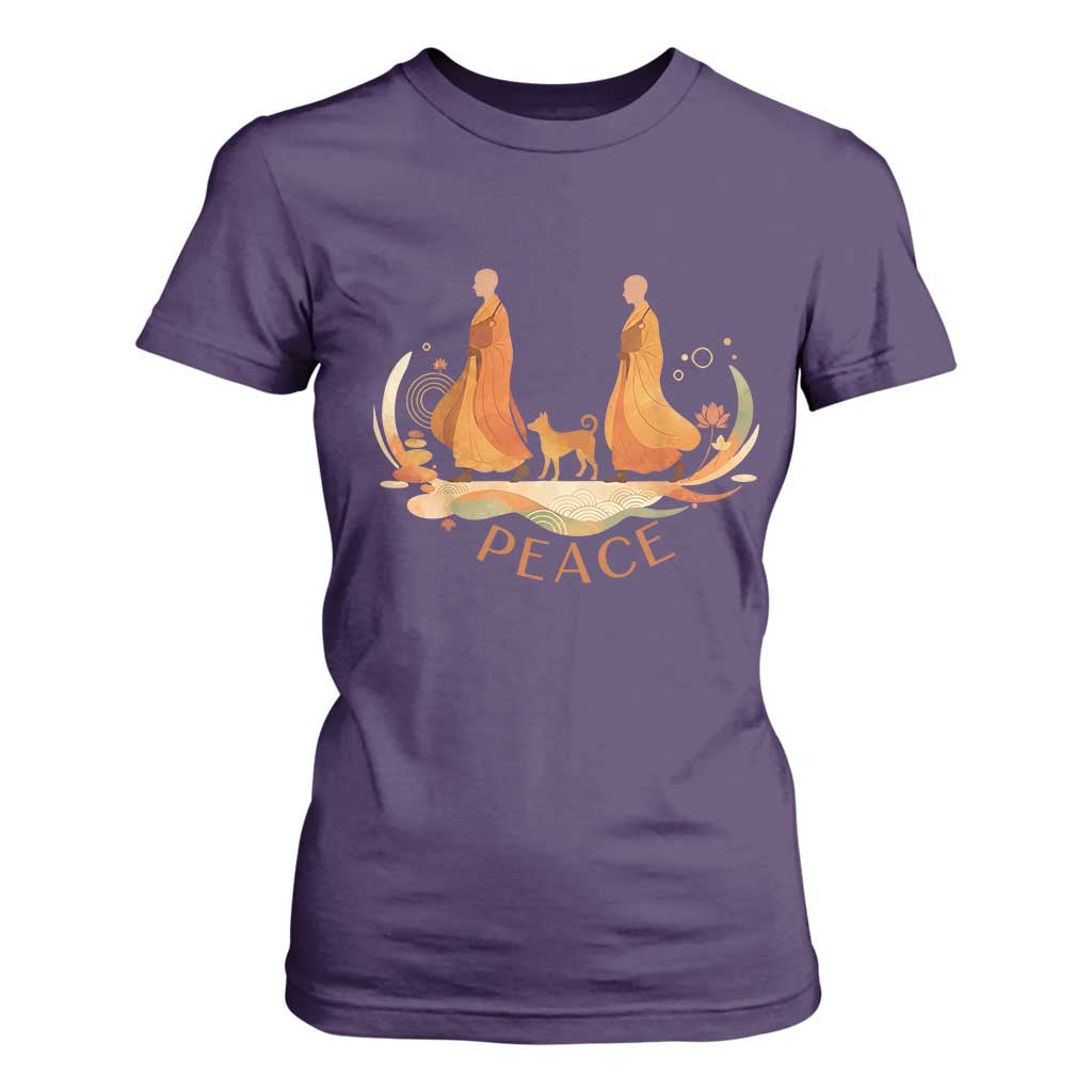 Peaceful Monks Walk with Aloka the Dog T Shirt For Women Zen Art Buddhism Harmony TS02 Purple Print Your Wear