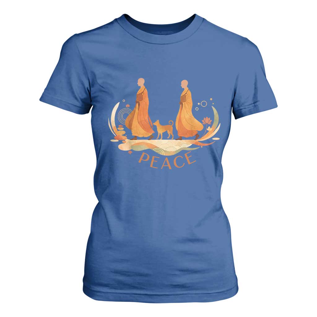 Peaceful Monks Walk with Aloka the Dog T Shirt For Women Zen Art Buddhism Harmony TS02 Royal Blue Print Your Wear
