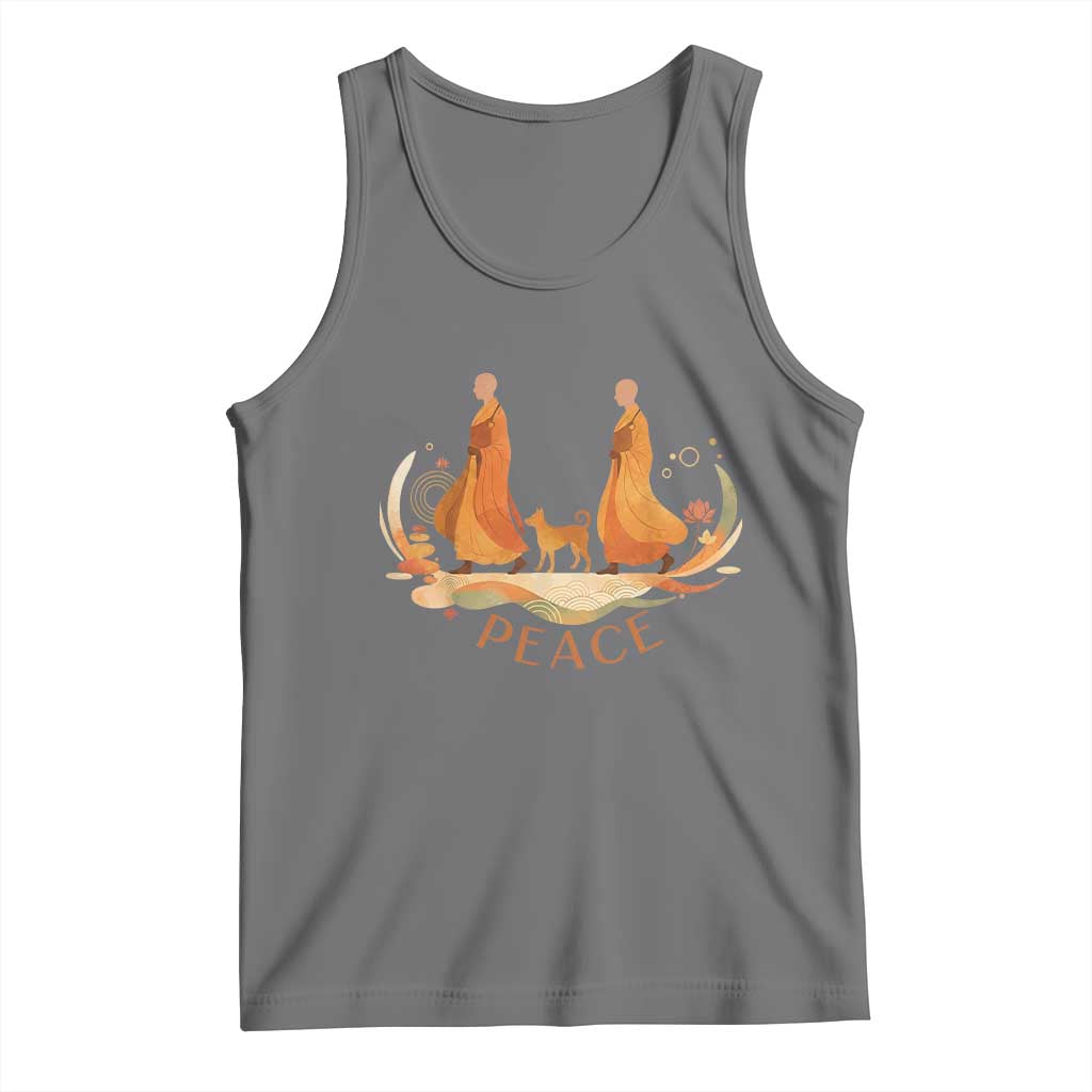 Peaceful Monks Walk with Aloka the Dog Tank Top Zen Art Buddhism Harmony TS02 Black Heather Print Your Wear