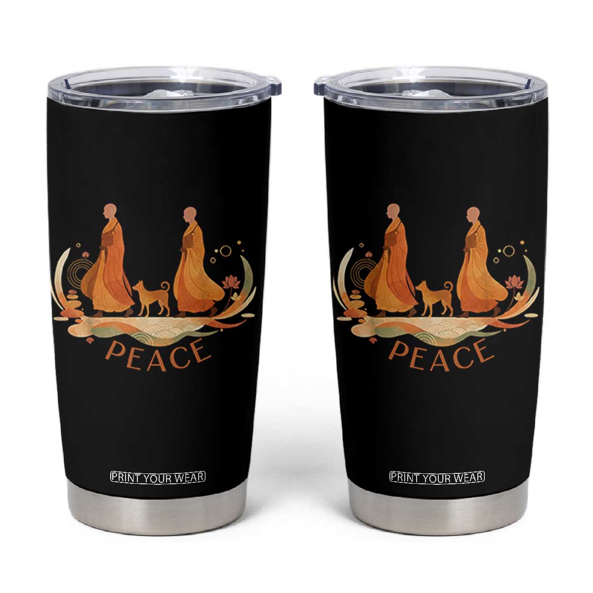 Peaceful Monks Walk with Aloka the Dog Tumbler Cup Zen Art Buddhism Harmony TS02 Black Print Your Wear