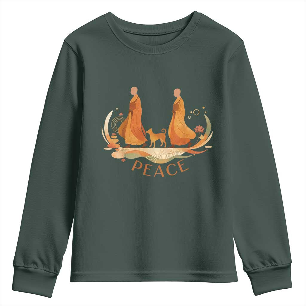 Peaceful Monks Walk with Aloka the Dog Youth Sweatshirt Zen Art Buddhism Harmony TS02 Dark Forest Green Print Your Wear