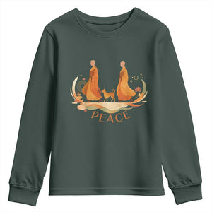 Peaceful Monks Walk with Aloka the Dog Youth Sweatshirt Zen Art Buddhism Harmony TS02 Dark Forest Green Print Your Wear