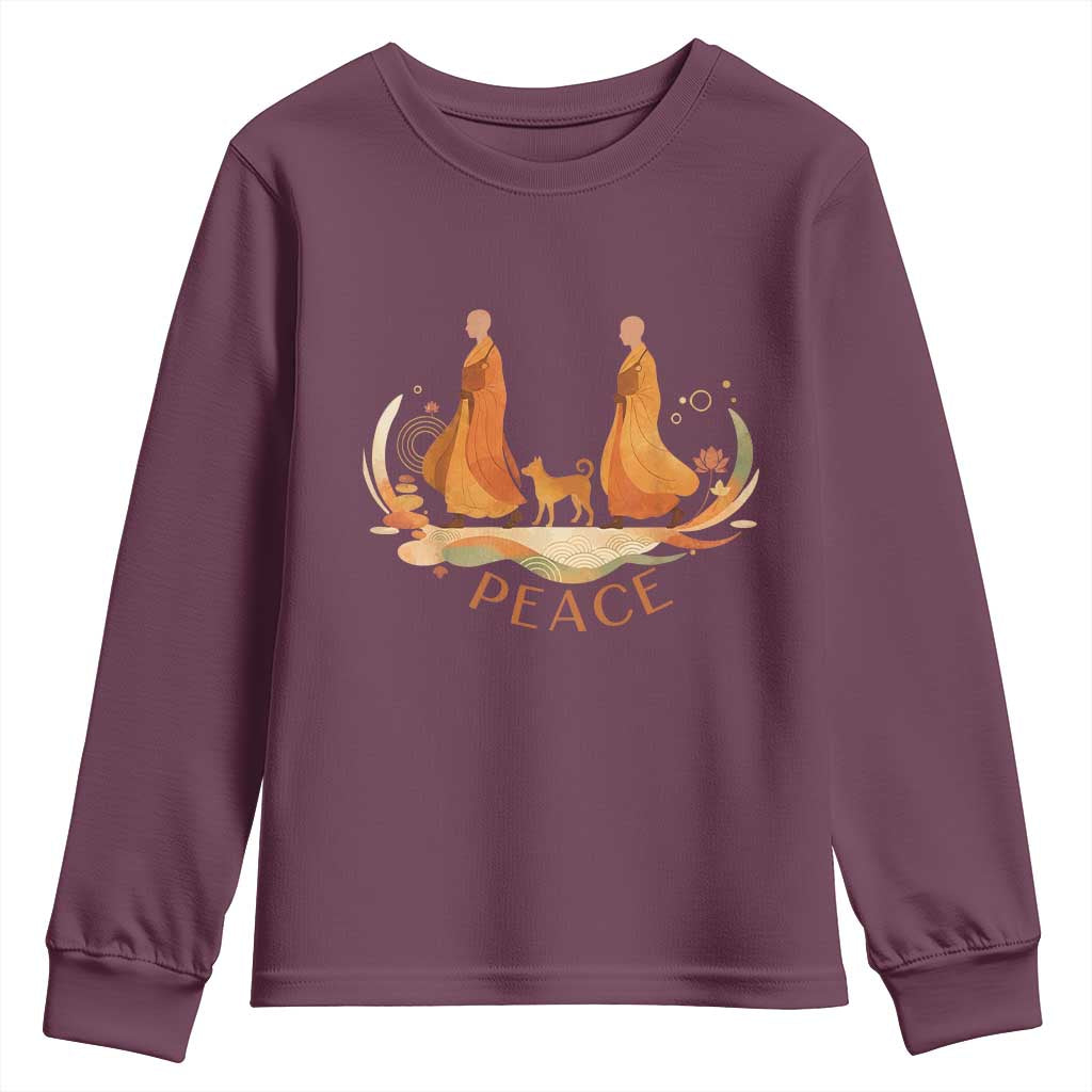 Peaceful Monks Walk with Aloka the Dog Youth Sweatshirt Zen Art Buddhism Harmony TS02 Maroon Print Your Wear