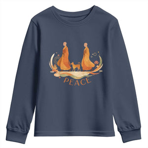 Peaceful Monks Walk with Aloka the Dog Youth Sweatshirt Zen Art Buddhism Harmony TS02 Navy Print Your Wear