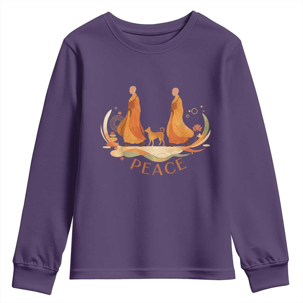 Peaceful Monks Walk with Aloka the Dog Youth Sweatshirt Zen Art Buddhism Harmony TS02 Purple Print Your Wear