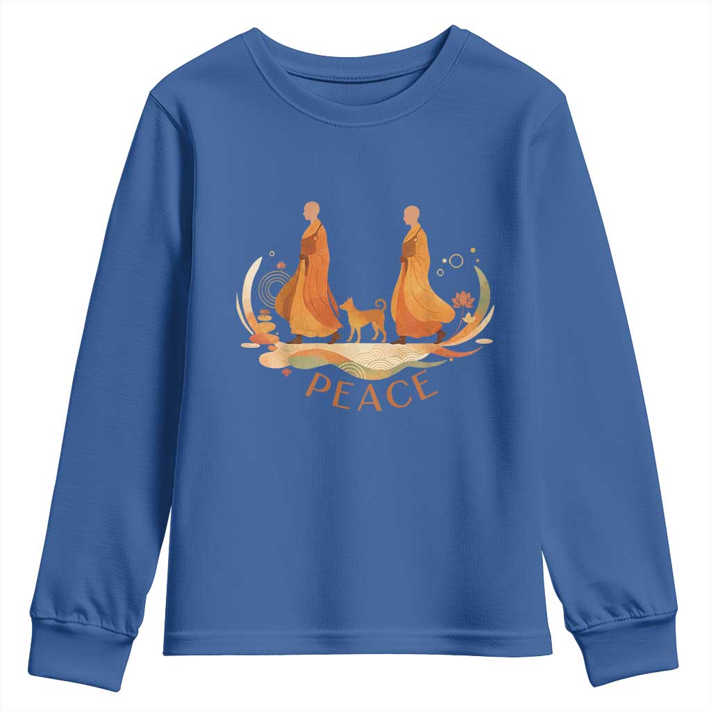 Peaceful Monks Walk with Aloka the Dog Youth Sweatshirt Zen Art Buddhism Harmony TS02 Royal Blue Print Your Wear