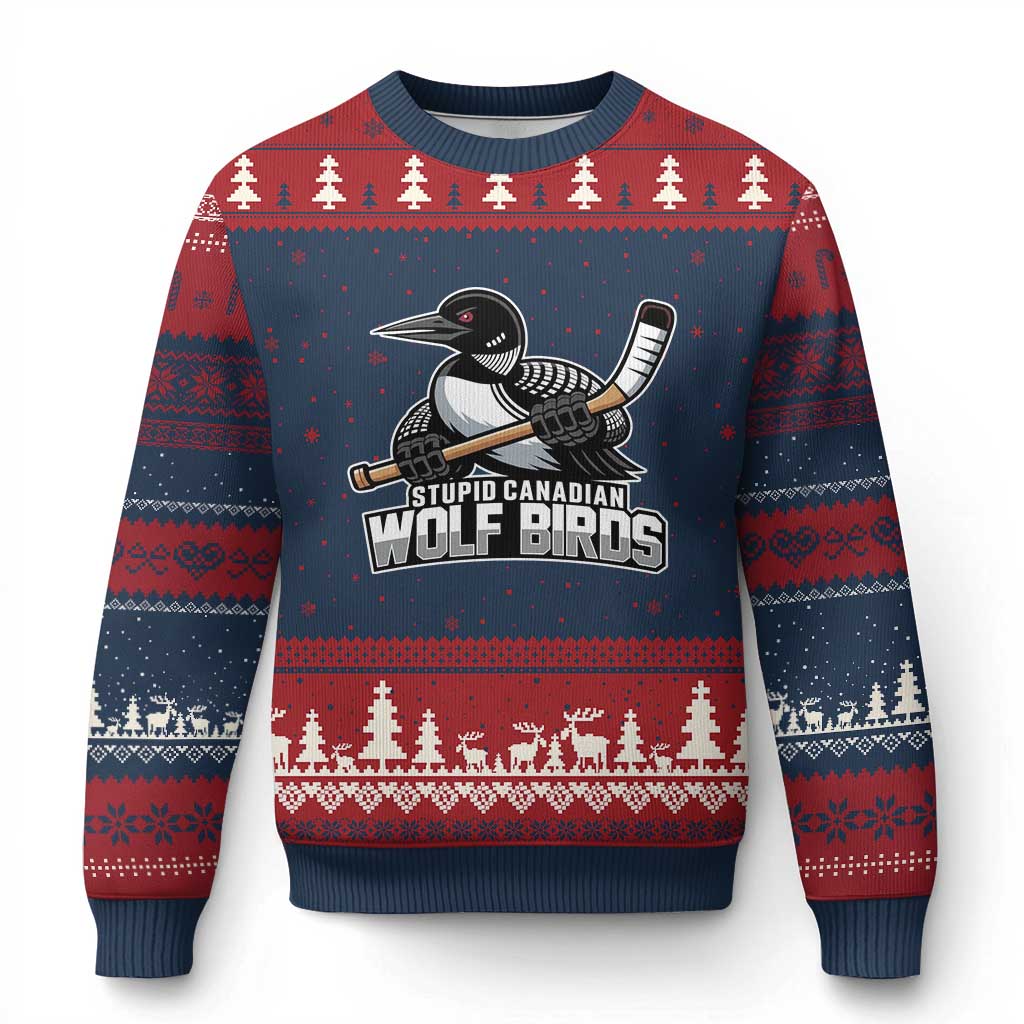 Stupid Canadian Wolf Birds Ugly Christmas Sweater Funny Common Loon Viral Hockey Romance TS02 Navy Red Print Your Wear