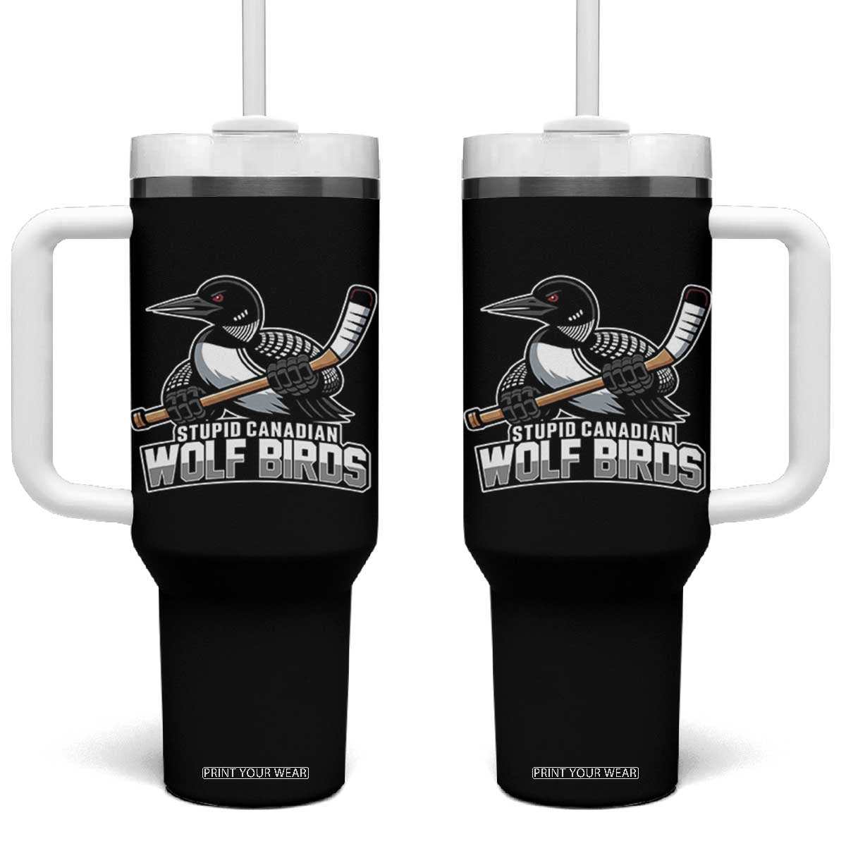 Stupid Canadian Wolf Birds Tumbler With Handle Funny Common Loon Viral Hockey Romance - Print Your Wear