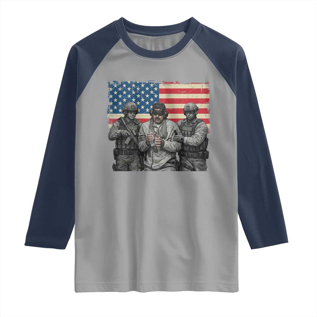Captured Dictator Maduro Raglan Shirt Special Forces Justice Operation American Flag TS02 Sport Gray Navy Print Your Wear