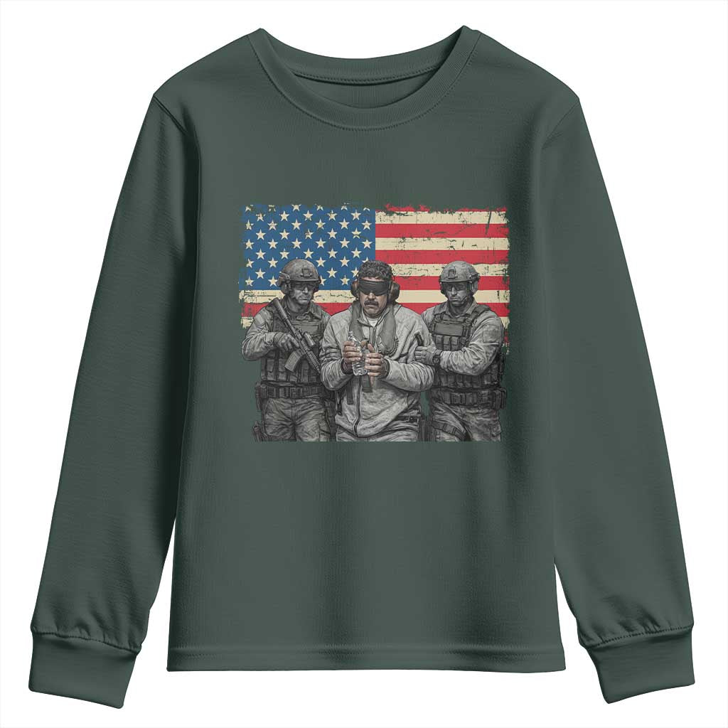 Captured Dictator Maduro Youth Sweatshirt Special Forces Justice Operation American Flag TS02 Dark Forest Green Print Your Wear