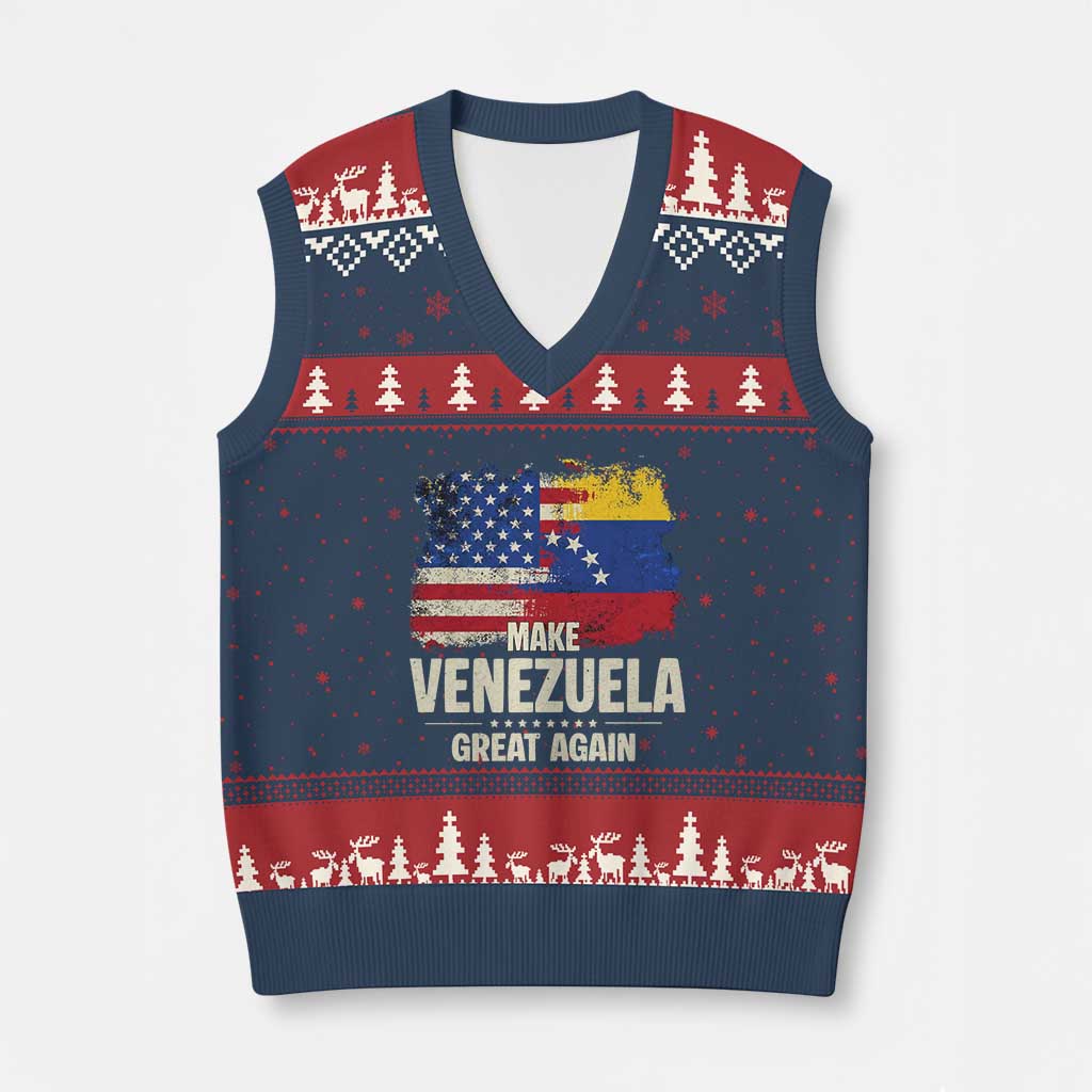 Make Venezuela Great Again V-Neck Knit Sweater Vest Distressed US and Venezuela Flag Unity TS02 Navy Red Print Your Wear