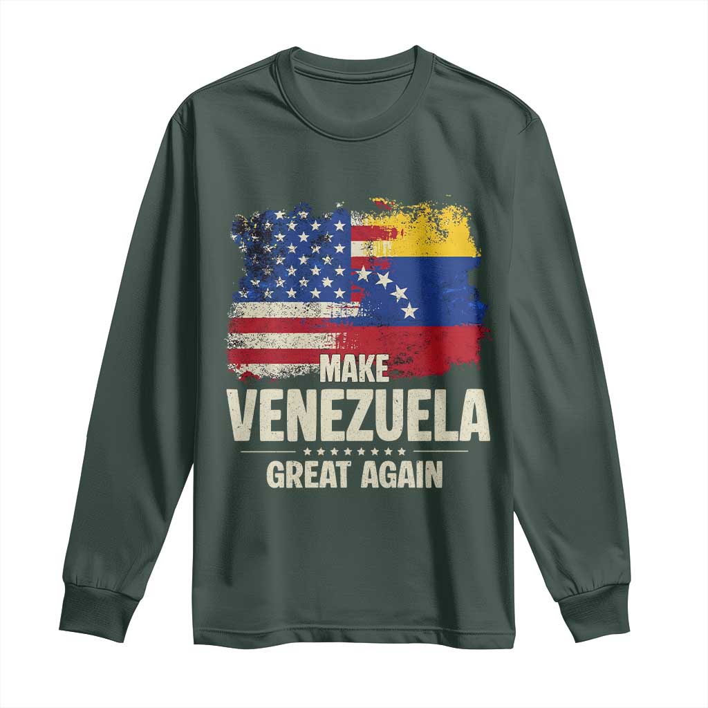 Make Venezuela Great Again Long Sleeve Shirt Distressed US and Venezuela Flag Unity TS02 Dark Forest Green Print Your Wear
