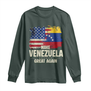 Make Venezuela Great Again Long Sleeve Shirt Distressed US and Venezuela Flag Unity TS02 Dark Forest Green Print Your Wear